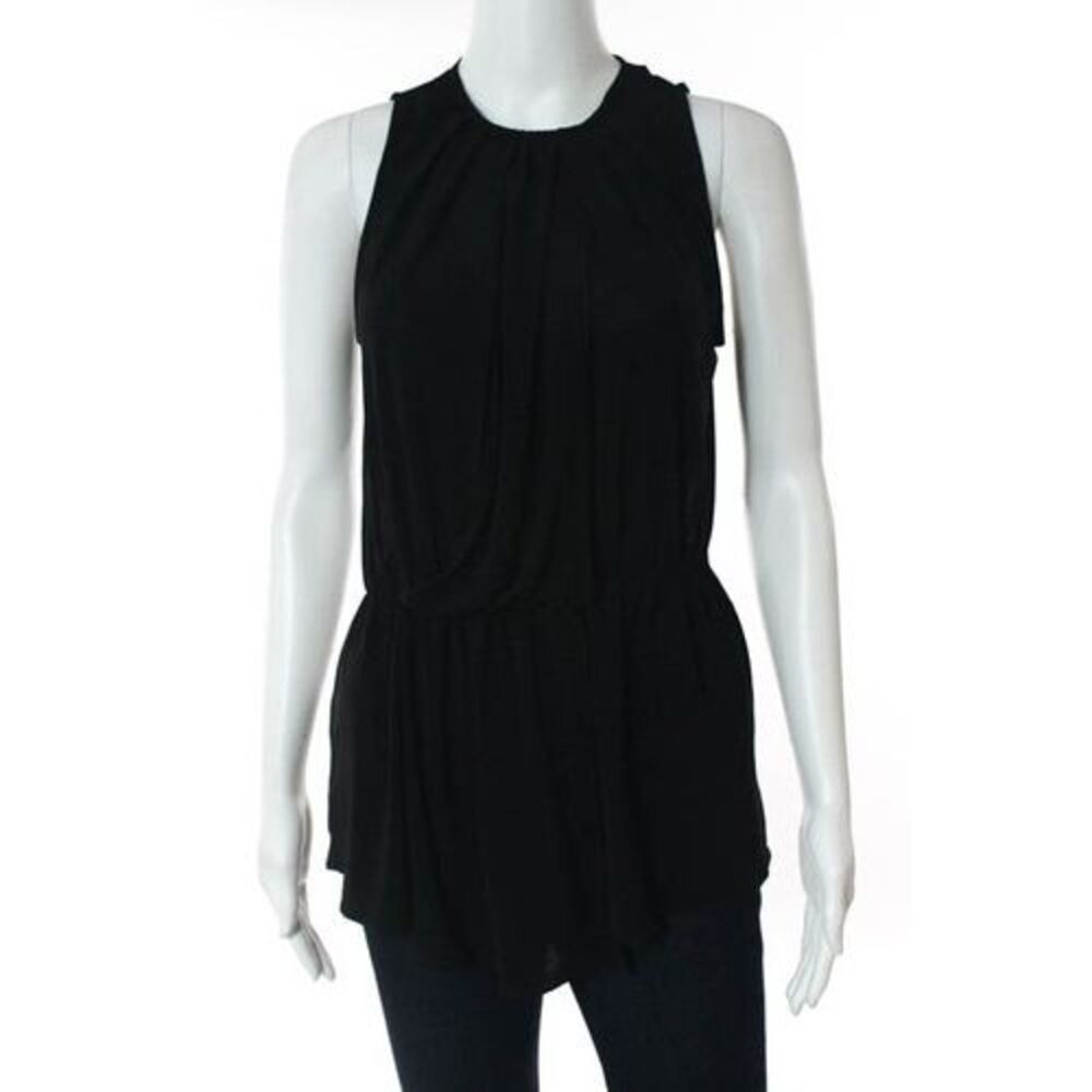 ZARA Black Sheer Keyhole Crew Neck Sleeveless Ruched Waist Tunic Top Sz S